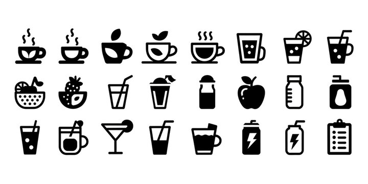 A set of 24 black and white icons arranged in a 4x6 grid, depicting various beverages and drinks