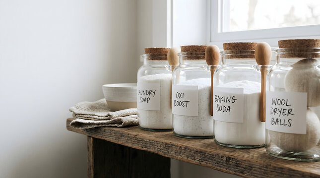 Organized glass jars on a wooden shelf in minimalist laundry