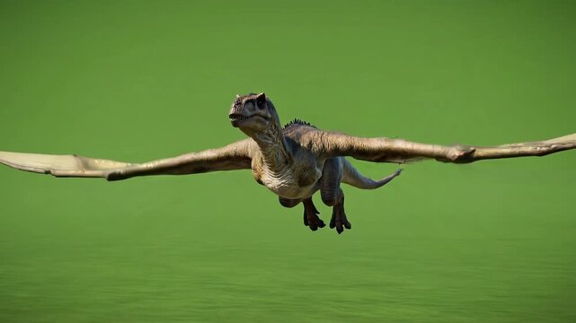 A large brown flying dinosaur with wings spread wide on green background