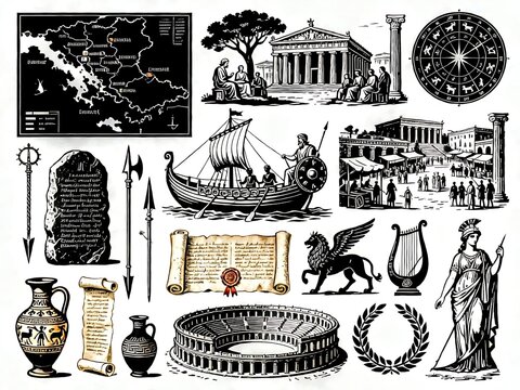 Set of black ancient Greek icons featuring Spartan helmet, classical temple, olive branch, scroll, amphora vase, laurel wreath, map silhouette, and Colosseum. Isolated on white background, flat vector