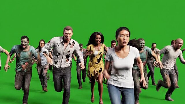 A group of zombies and one woman running on green background for a horror or apocalypse scene