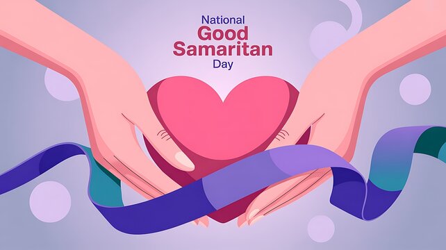 National Good Samaritan Day with caring hands holding a heart and a flowing ribbon