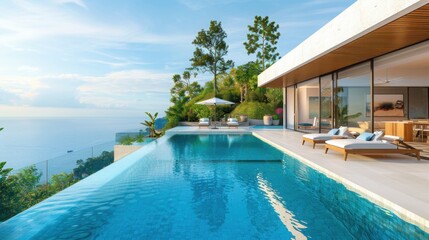 Fototapeta premium Architectural Glass Villa Poolside Lifestyle Concept with Modern Aesthetic and Space