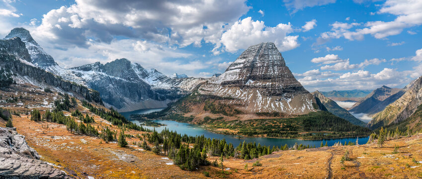 Glacier National Park in Autumn at Hidden Lake overlook with view of Bearhat Mountain