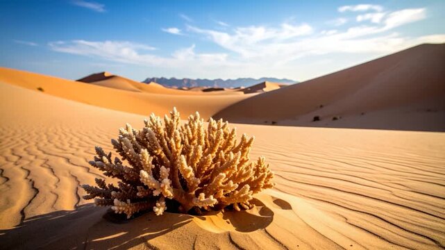 Desert scene with a coral-like object in the foreground, sand dunes