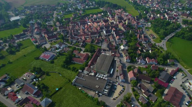 Panoramic aerial view of the city Windsbach in Germany, Bavaria on a sunny day in Spring.