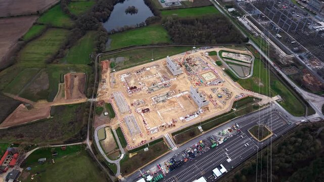 Aerial view of a large-scale data center under construction at the Drax Power Station site in North Yorkshire, UK.