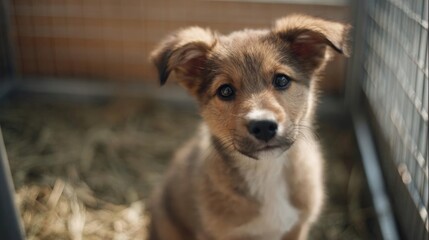 Obraz premium Close-up of a small puppy sitting in a cage. the puppy appears to be a mix breed, possibly a terrier or a similar breed, with brown and white fur.