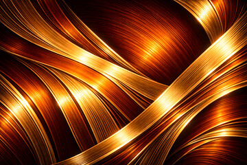 温かみと高級感が広がるオレンジと金のメタリックウェーブ抽象背景