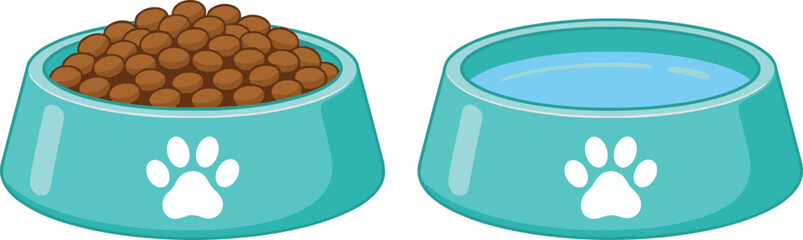 Cartoon pet food and water bowls isolated on white background, colorful vector illustration of dog or cat feeding dish with kibble and drink © MDALRAFIN