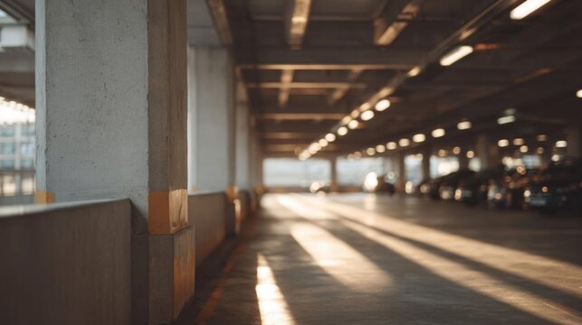 Empty parking garage with concrete pillars on the left side and rows of cars parked on the right side. the floor is made of concrete and the ceiling is covered with overhead lights.