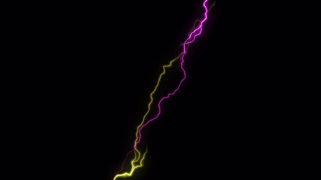 Purple and yellow lightning bolt striking across transparent background. High contrast electric energy effect 4k animation