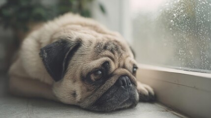 Obraz premium Close-up of a pug dog lying on the floor next to a window. the pug is looking out the window with a sad expression on its face. its fur is light brown and its eyes are dark and wrinkled.