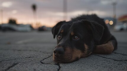 Close-up of a black and brown dog lying on a concrete surface. the dog appears to be a rottweiler, with a thick coat of fur covering its body.