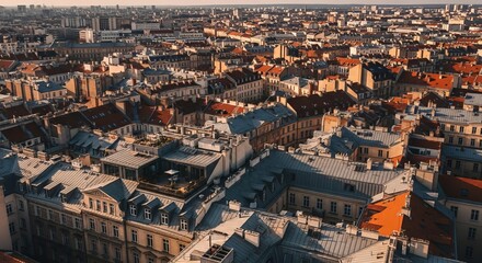 Obraz premium Aerial View of European City Rooftops at Golden Hour