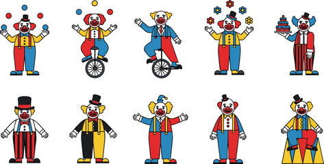 Funny Circus Clown Characters Collection with Juggling, Unicycle, Magic Tricks and Comedy Performance Vector Illustration Set © Sanjida
