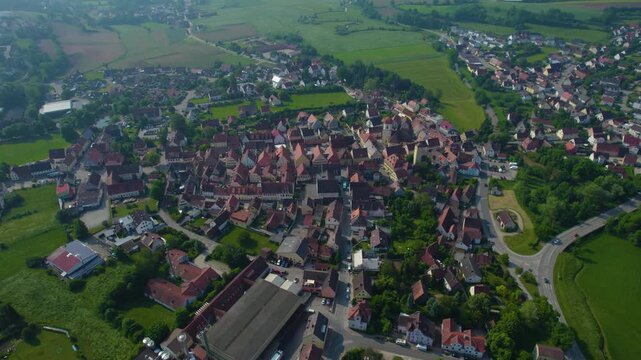 Panoramic aerial view of the city Windsbach in Germany, Bavaria on a sunny day in Spring.