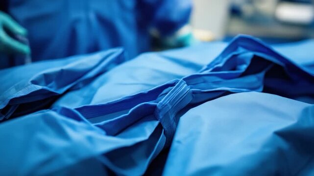 Close-up of blue surgical drapes, with folded fabric creating textures and forms; out-of-focus elements