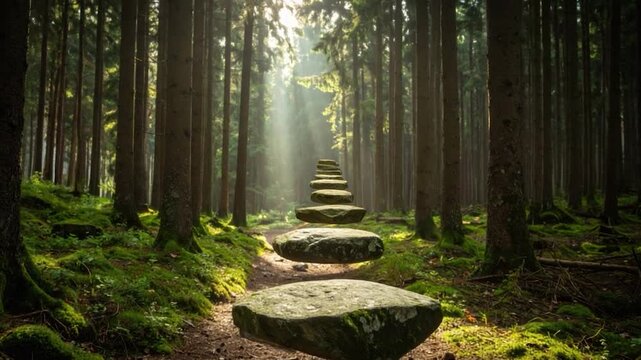 Forest scene with levitating stones, path, and bright sunlight