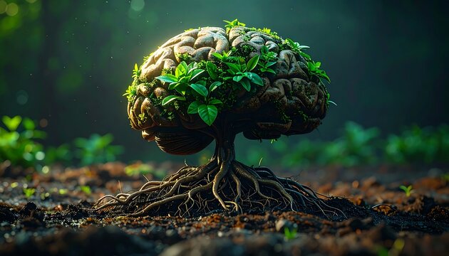 A brain shaped like a tree with green leaves growing out of it, symbolizing growth and harmony with nature, viewed from the side in a forest environment