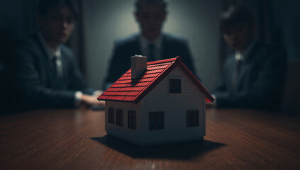 重厚な光で住宅模型を見せ日本人が商談する不動産ビジネスの場面