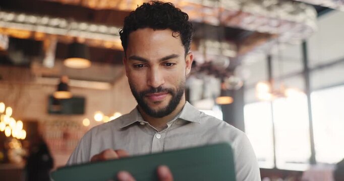 Hospitality, scroll and man in cafe with tablet, website review and inventory management with sales track. Laugh, stock checklist and owner with tech, online order or menu update on restaurant app.