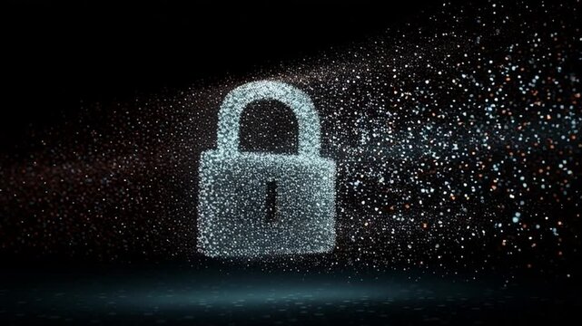 Secure digital lock icon made of particles shines against a dark background during a technology-themed event or presentation