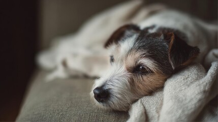 Close-up of a small dog lying on a beige couch. the dog appears to be a jack russell terrier, with white and brown fur.