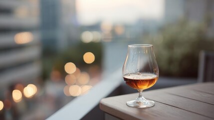 Obraz premium Glass of cognac on a wooden table. the glass is filled with a golden-brown liquid, which appears to be cognac.