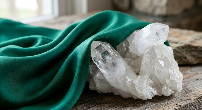 Large Clear Quartz Crystal Point on Emerald Green Fabric Base