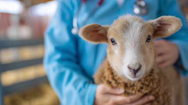 Veterinarian holding a young sheep in a barn environment  