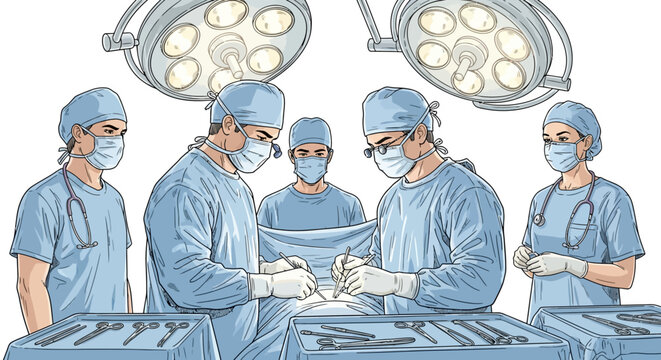 Medical team performing surgery illustration with surgical tools and equipment