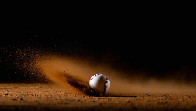 Baseball striking dusty clay field with dramatic force, kicking up brown dirt particles at night