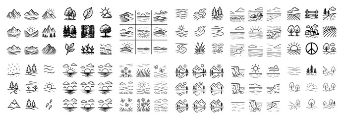 Obraz premium Nature icons with mountain river sun minimal