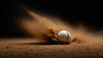 Baseball hitting dusty ground with an intense burst of brown dirt against a dark background © Sabbir Digital