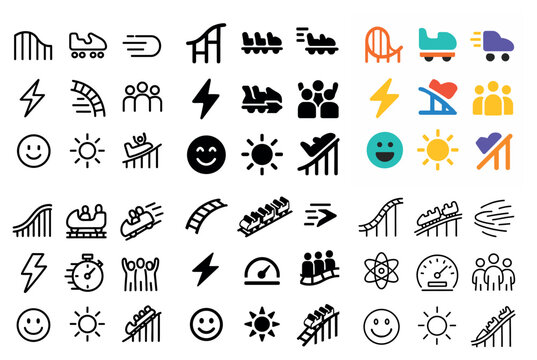 Theme park icons with roller coaster train outline