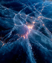 Naklejka premium Abstract aerial view of skate marks on ice with colorful lighting