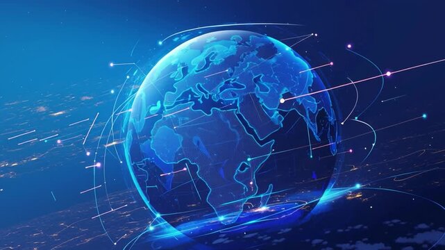 World map with glowing lines connecting different points in space during night time