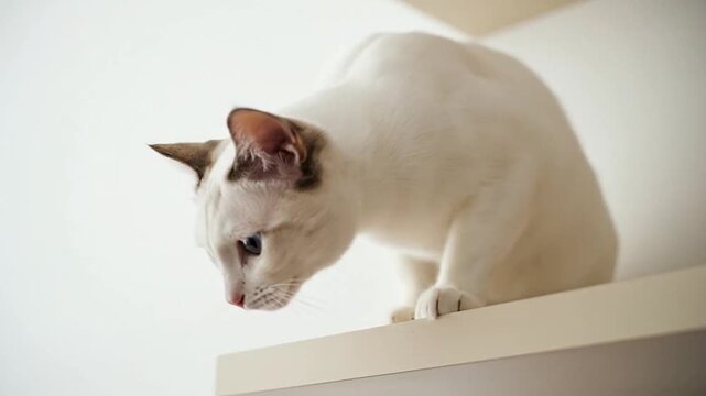 Elegant white oriental cat crouching on a bright white surface, looking intently downwards with a focused expression, isolated white background.
