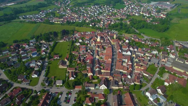 Panoramic aerial view of the city Windsbach in Germany, Bavaria on a sunny day in Spring.