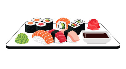 Assorted sushi and sashimi on a white plate with soy sauce and wasabi against a clean white background.