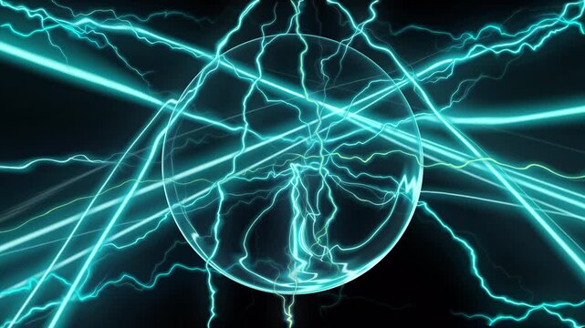 Plasma ball energy arc electric sphere, vibrant blueelectrical lightning bolts and energy discharge creating a powerful and dynamic transparent background 4k video