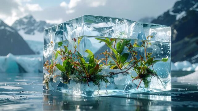 Green plants encased in a block of ice sit in front of mountains