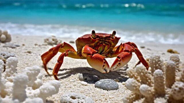 Bright red crab with white claws on a sandy beach next to coral with blue ocean water background