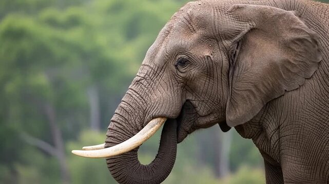 Close-up profile of a powerful African elephant with large tusks and wrinkled skin standing in a green forest environment.