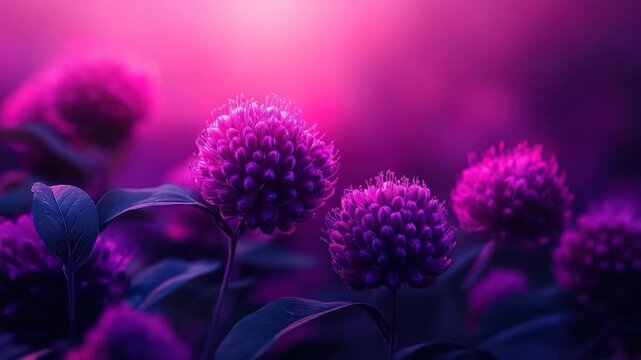 Vivid purple flowers with globular blooms and dark green leaves against a gradient backdrop