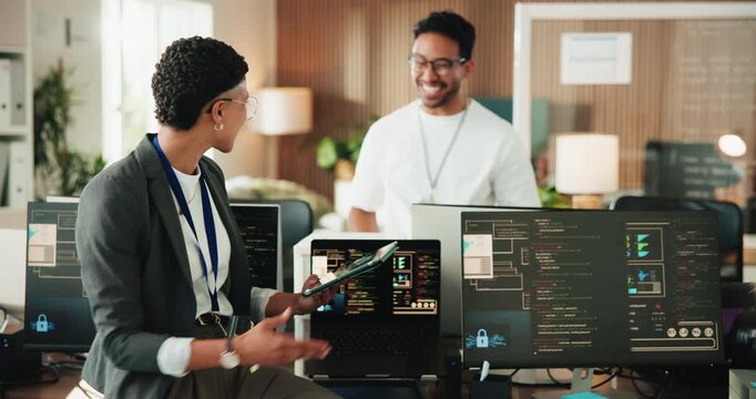 Happy, business people or high five with technology for programming, good news or app success. Man, woman or coding with tablet or smile for teamwork, cybersecurity or winning together in workplace