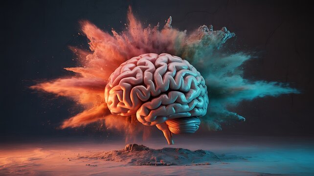 Human brain exploding with colorful powder, symbolizing creativity