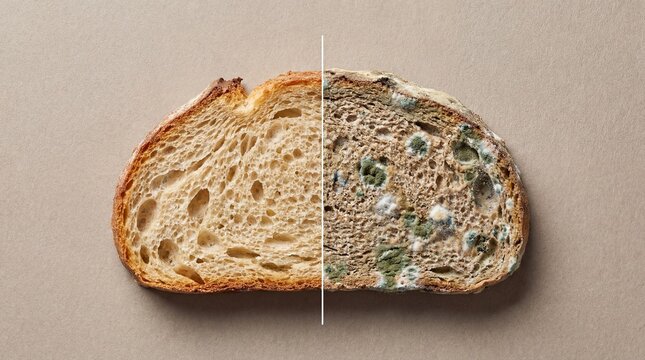 Fresh and moldy bread halves compare healthy versus spoiled food