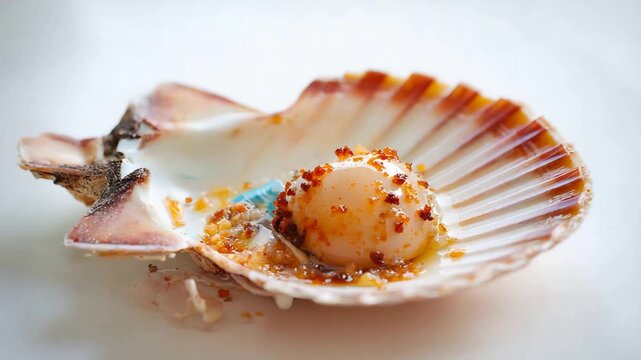 Delicious Fresh Scallop Served in Shell with Savory Topping on White Background, Ready to Eat.